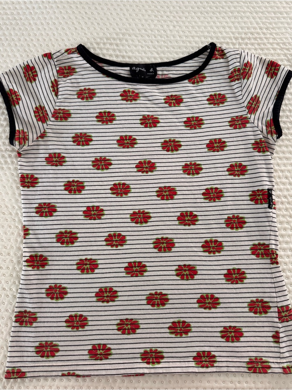 Agnes B. White Striped Tee with Red and Green Floral Print